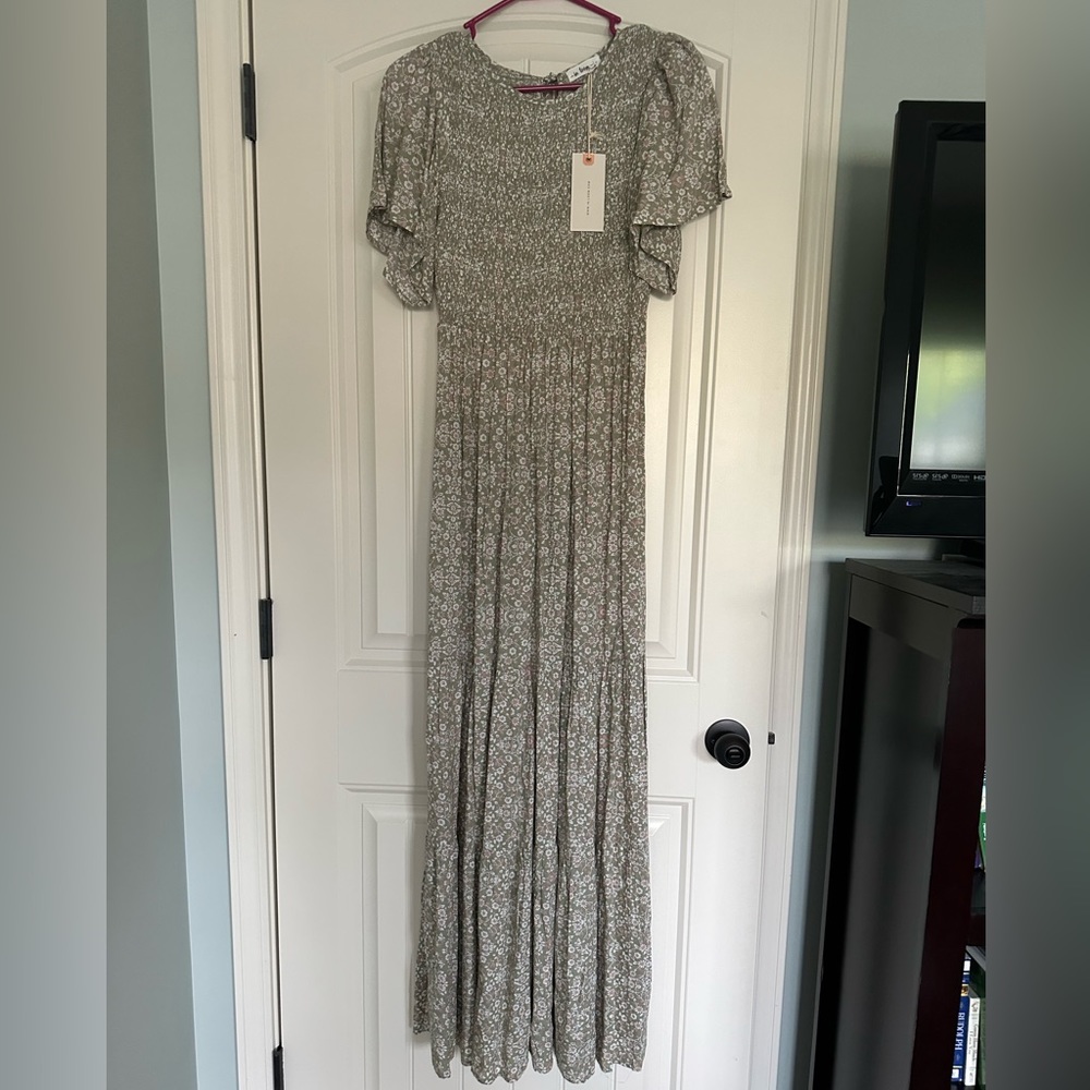 Smocked Maxi Dress - sage green with cream and pink floral accents